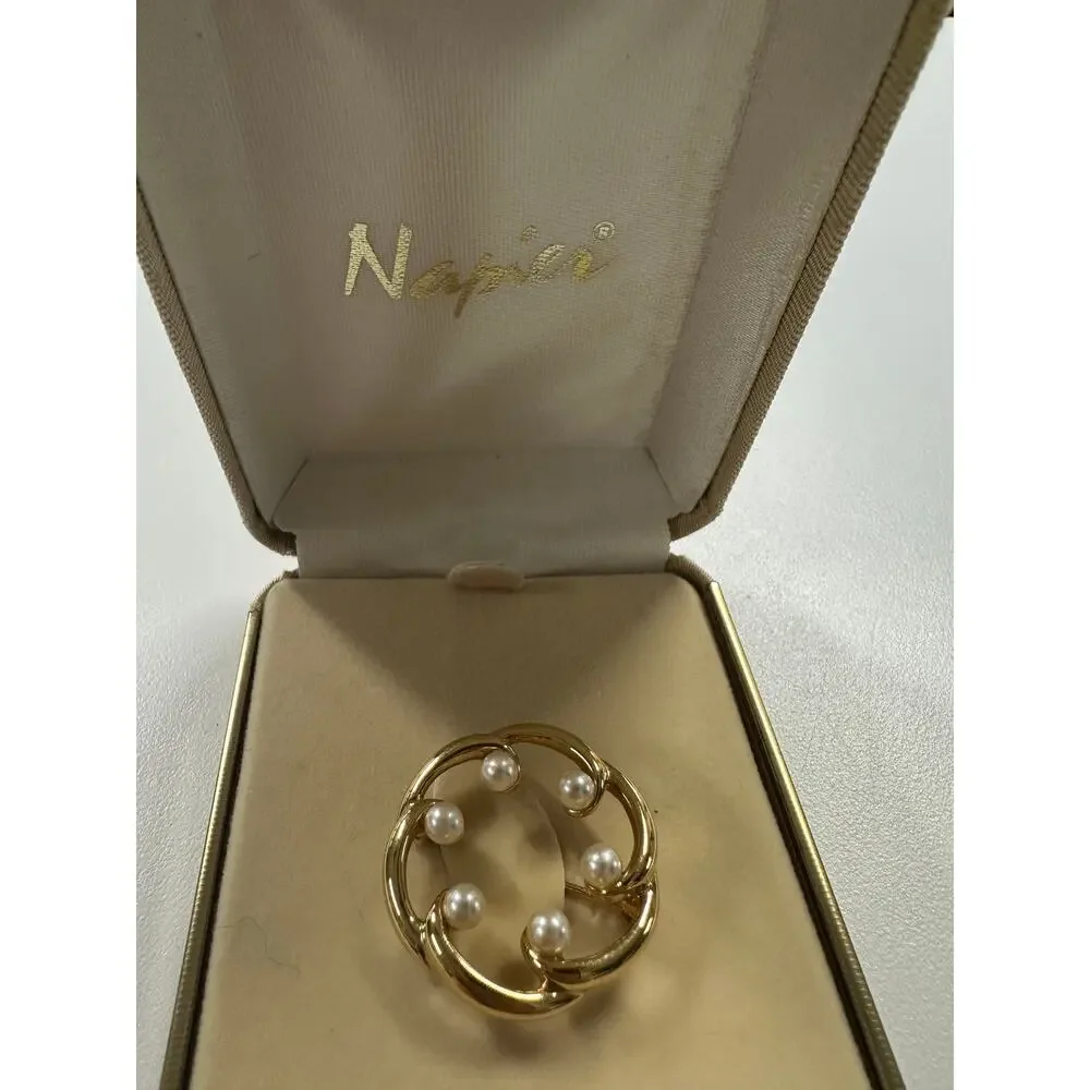 Napier Circle Of Pearls Goldtone Brooch In Original Box Faux Pearl Pin